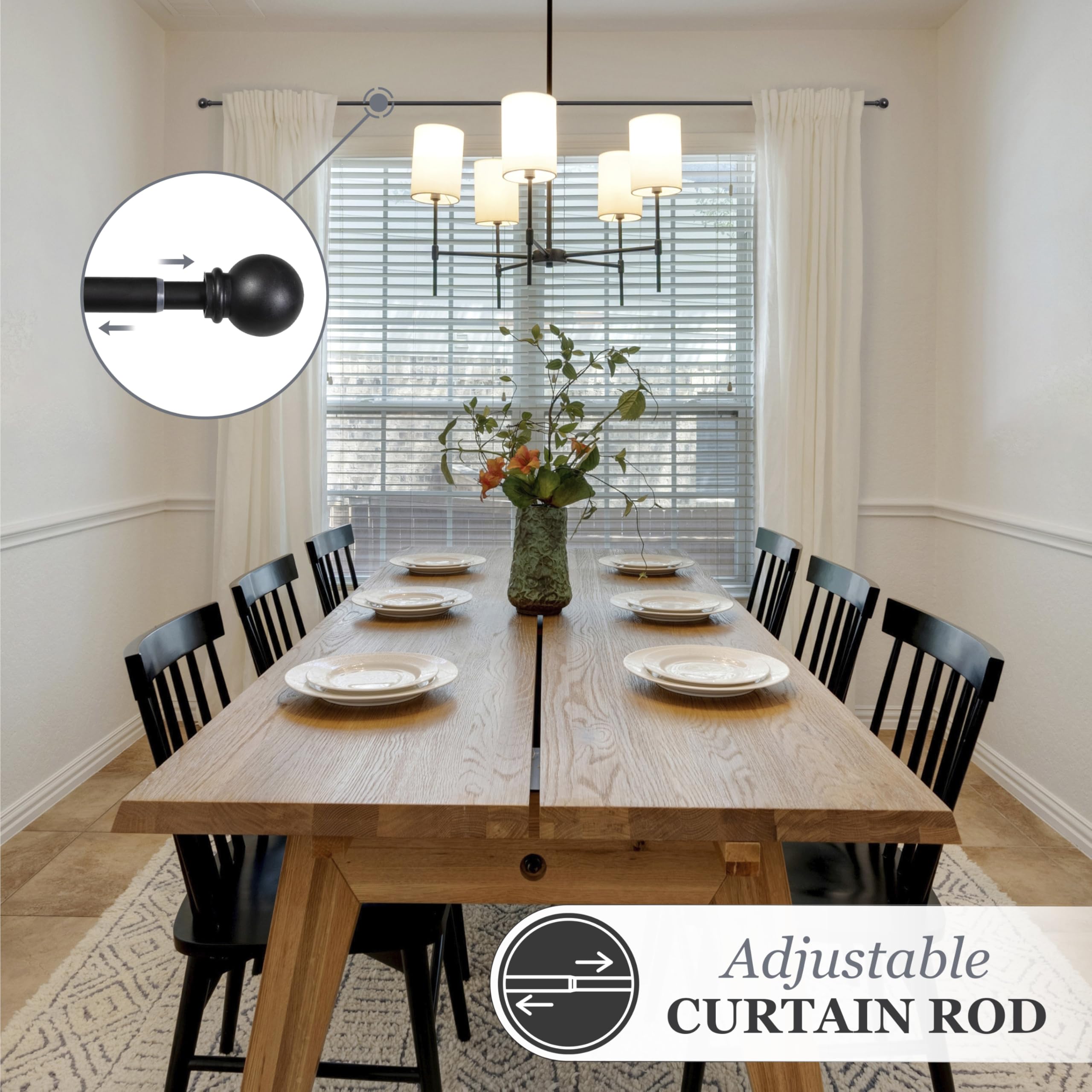 Kenney Chelsea Ball End Window Curtain Rod - Adjustable 28 to 48 Inches, Extendable Set, Black - Image 3