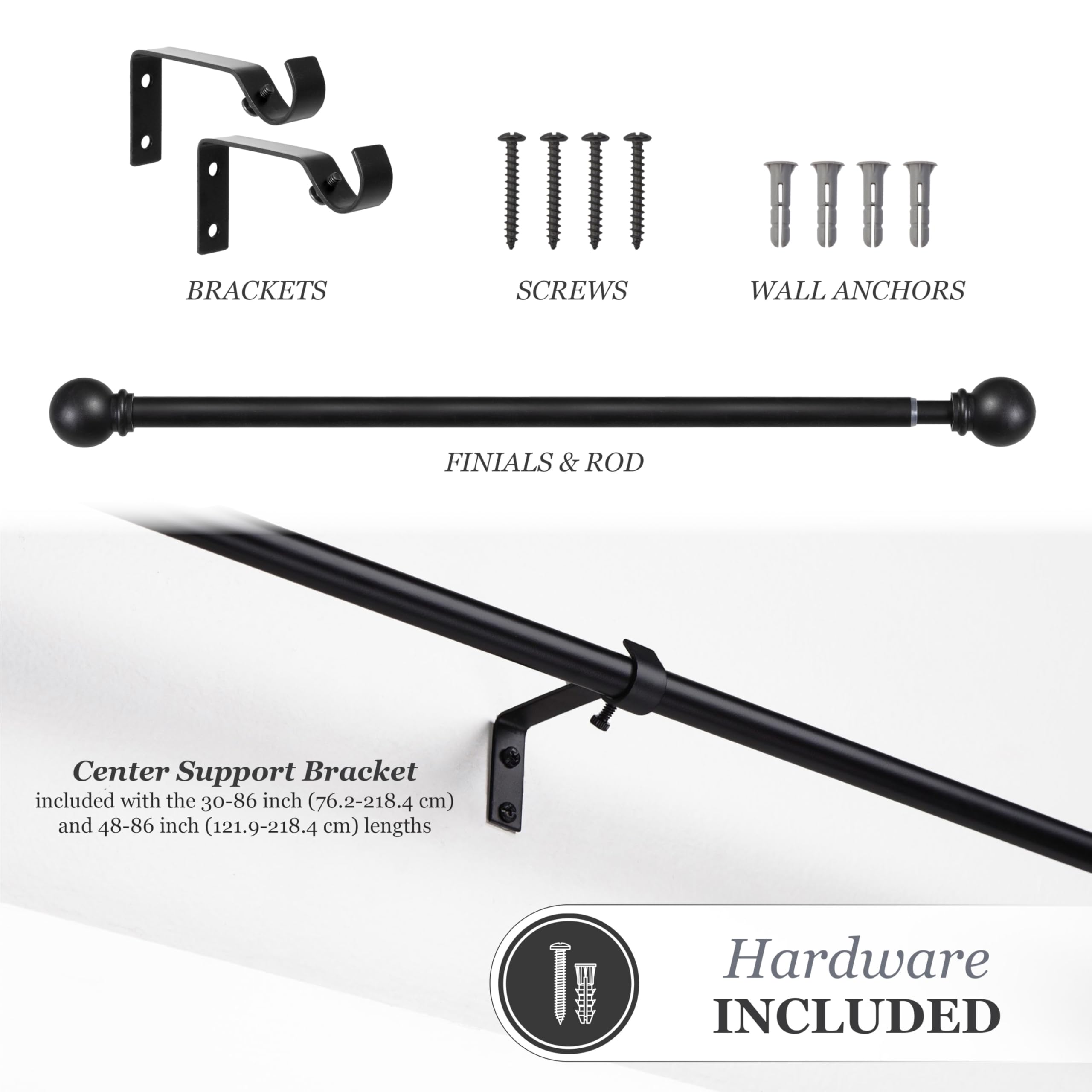 Kenney Chelsea Ball End Window Curtain Rod - Adjustable 28 to 48 Inches, Extendable Set, Black - Image 5