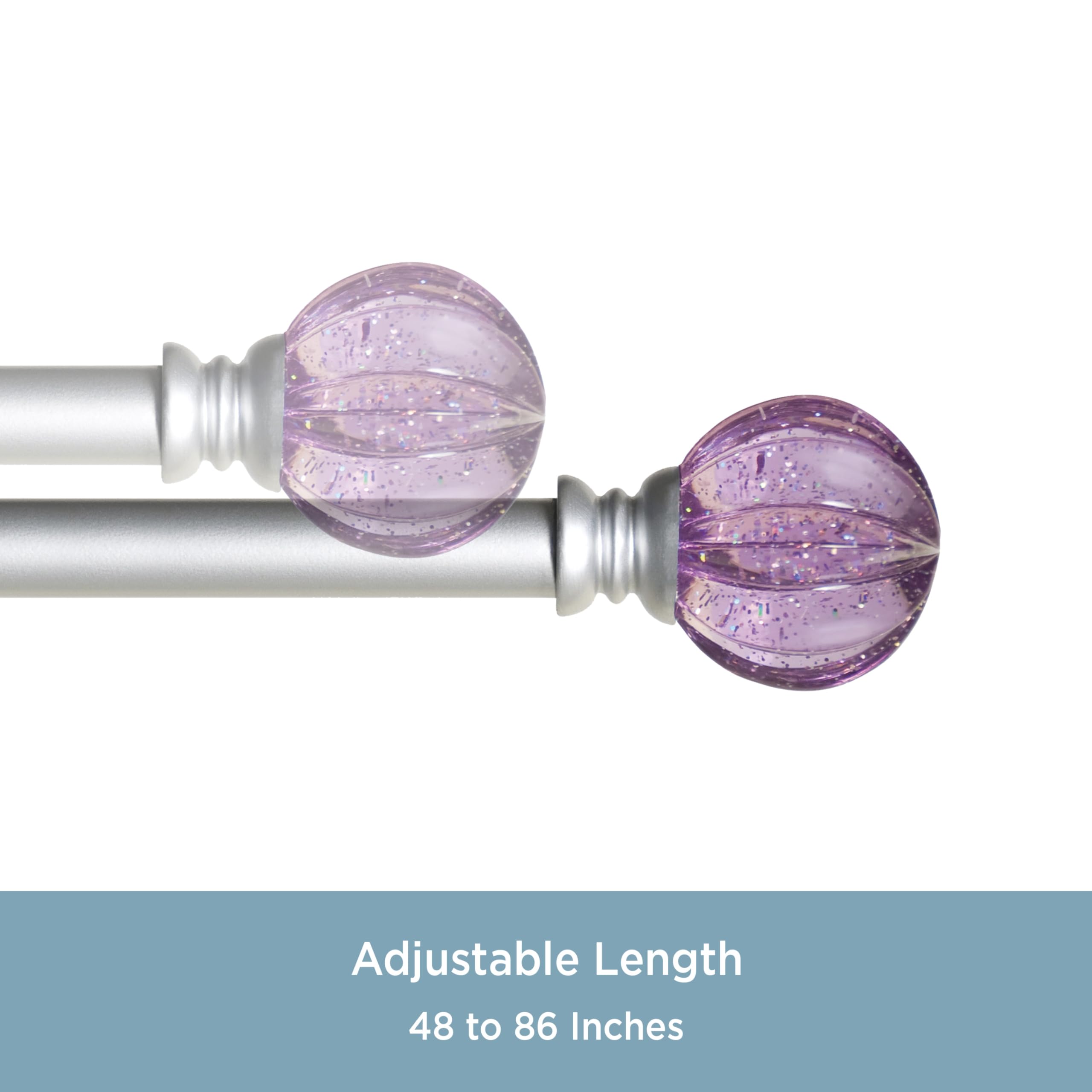 Kenney – Estrella Curtain Rod, Durable Steel with Purple Sparkle Fluted Acrylic Ends, 5/8" Diameter, Adjustable 48–86", Brushed Nickel Finish - Image 4