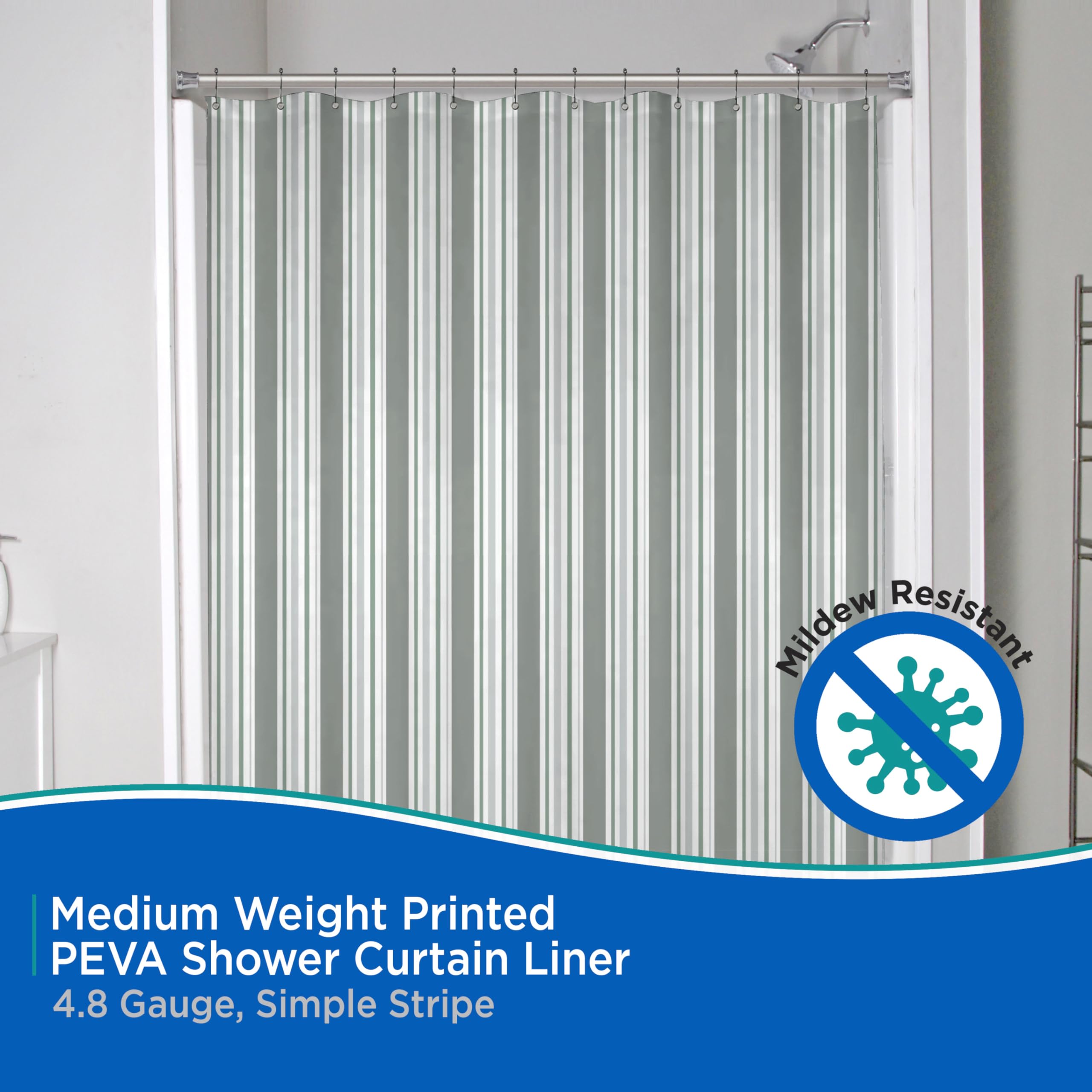 Kenney KN61286 Medium Weight 5 Gauge Decorative Printed Waterproof PEVA Shower Curtain Liner with Durable Eyelet Hang Holes for Bathroom, 70" W x 72" H, Simple Stripe Green Sage White Pattern - Image 3