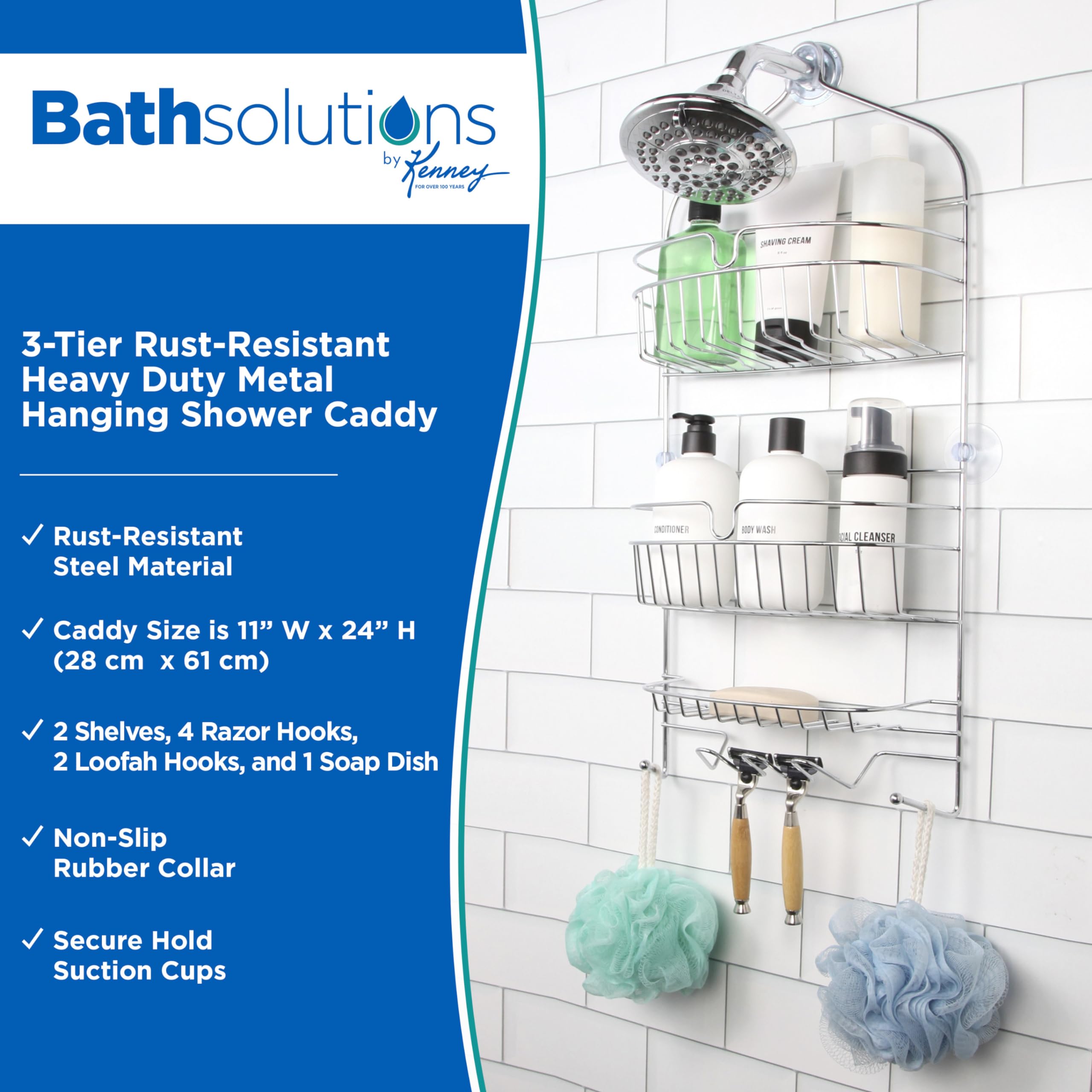 Kenney KN614151 Over the Shower Head 24" L x 11" W x 4.5" D Rust-Resistant Metal Wire Large 3-Shelf Hanging Caddy with Suction Cups and Razor Holders for Bathroom Shower, Chrome - Image 3