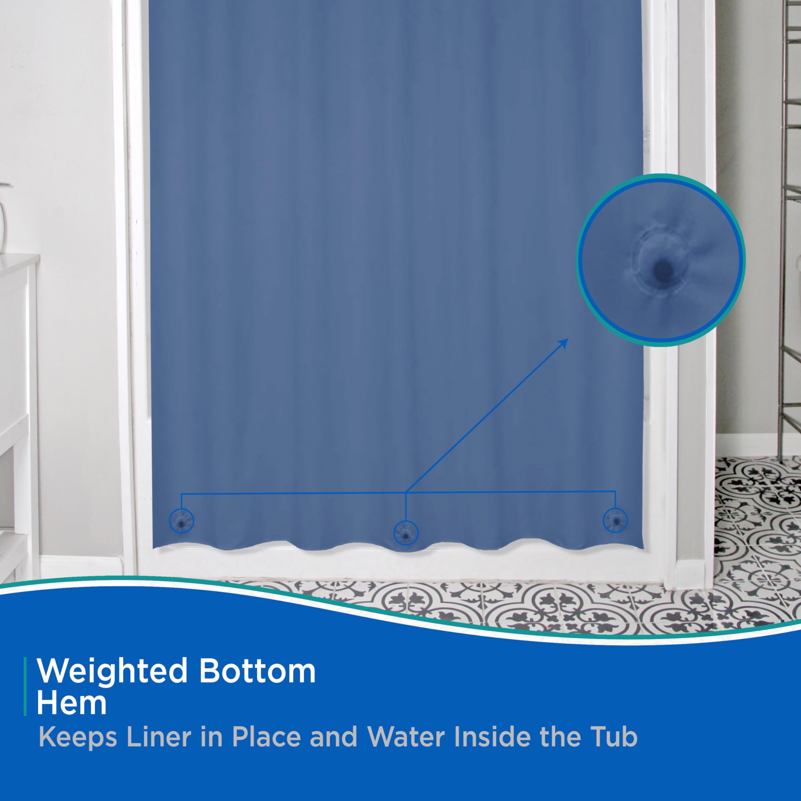 Kenney KN61752 Lightweight 3 Gauge Waterproof PEVA Shower Curtain Liner with Durable Eyelet Hang Holes, Weighted Magnetic Hem, and 12 Piece Plastic C-Ring Set for Bathroom, 70" W x 72" H, Blue - Image 6