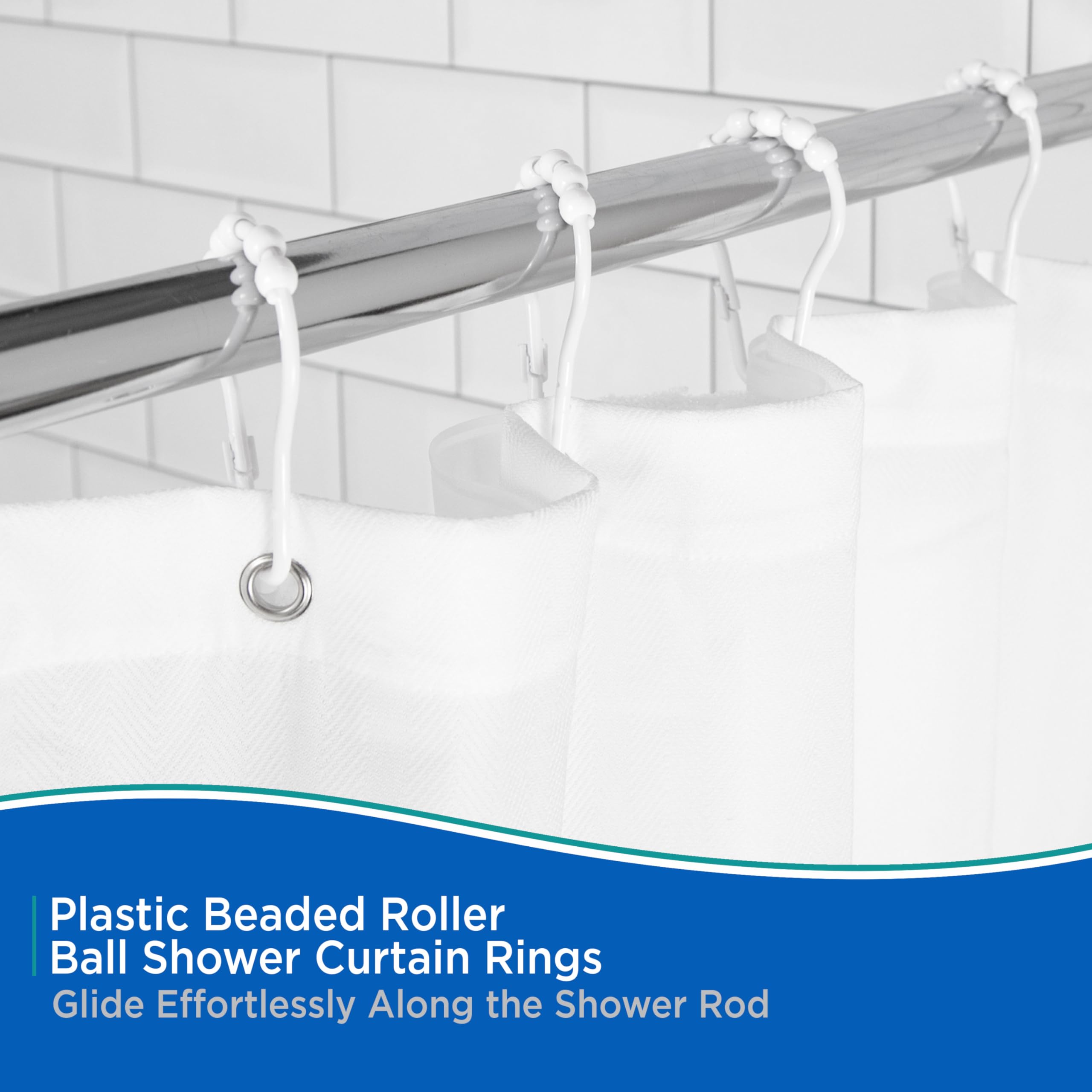 Kenney KN67140 Rust-Proof Gliding Plastic Beaded Shower Curtain Rings for Shower Curtain and Standard Shower Curtain Rod, Bathroom Use, Easy to Install, Set of 12, White - Image 3