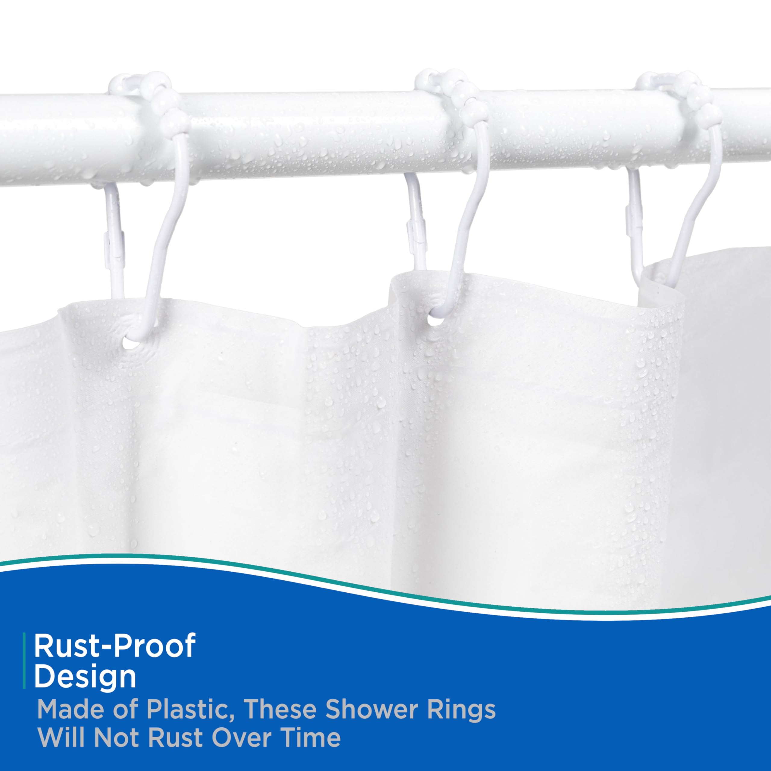 Kenney KN67140 Rust-Proof Gliding Plastic Beaded Shower Curtain Rings for Shower Curtain and Standard Shower Curtain Rod, Bathroom Use, Easy to Install, Set of 12, White - Image 4