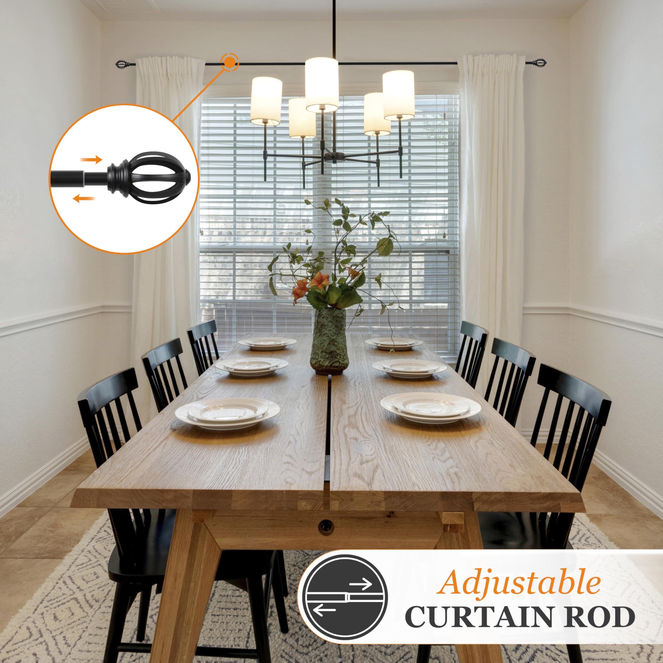 Kenney KN75241 Fast Fit Easy Install Lilly Cage Oblong Openwork End Decorative Window Curtain Rod, 66-120" Adjustable Length, Black Finish, 5/8" Diameter Steel Tube - Image 3