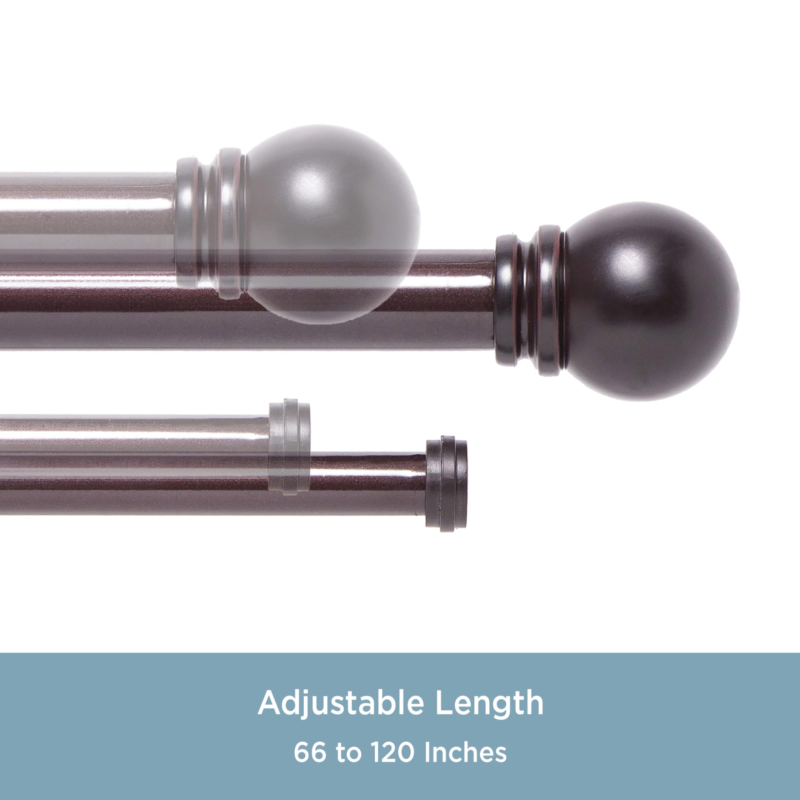 Kenney KN85062 Hamlin Ball End Standard Decorative Window Double Curtain Rod, 66-120" Adjustable Length, Weathered Brown Finish, 1" Diameter Steel Tube - Image 4