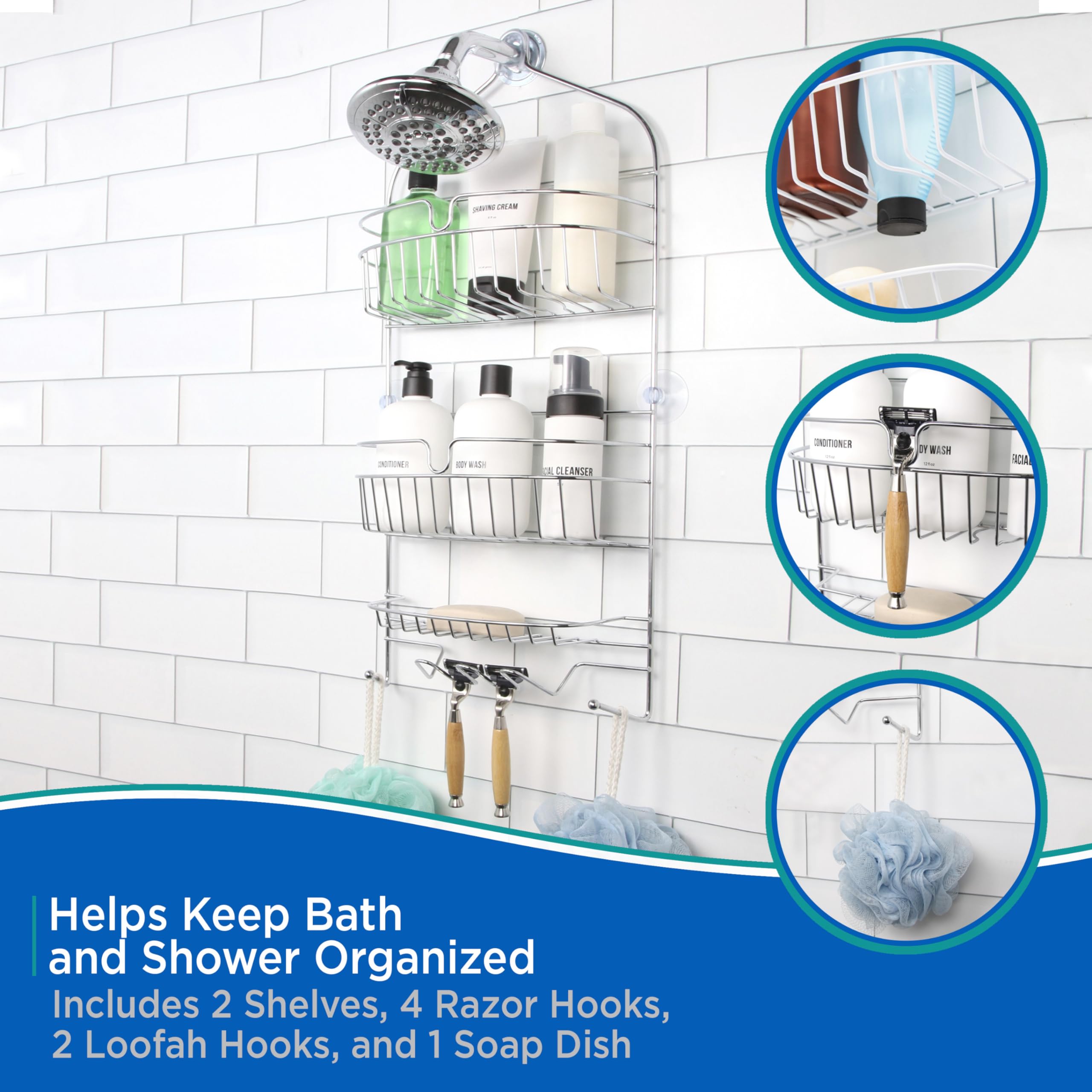 Kenney – Shower Caddy Organizer, Over-the-Showerhead Hanging Design with 2 Rust-Resistant Metal Wire Shelves, Razor Holder & Suction Cups, White - Image 4