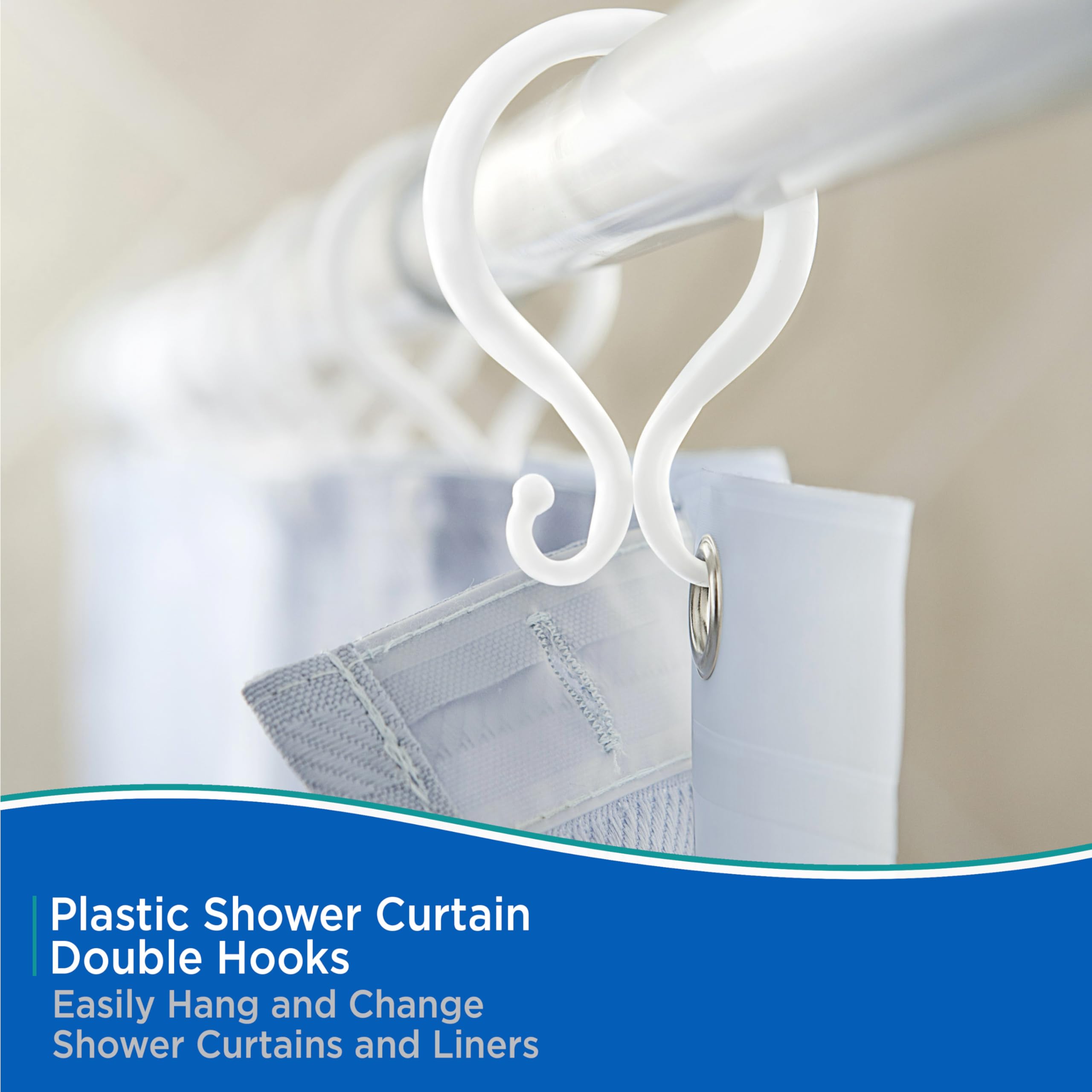 Kenney – Shower Curtain Rings, Smooth Rust-Proof Plastic Double Hooks, Fits Standard Shower Curtain Rods, Set of 12, White - Image 3